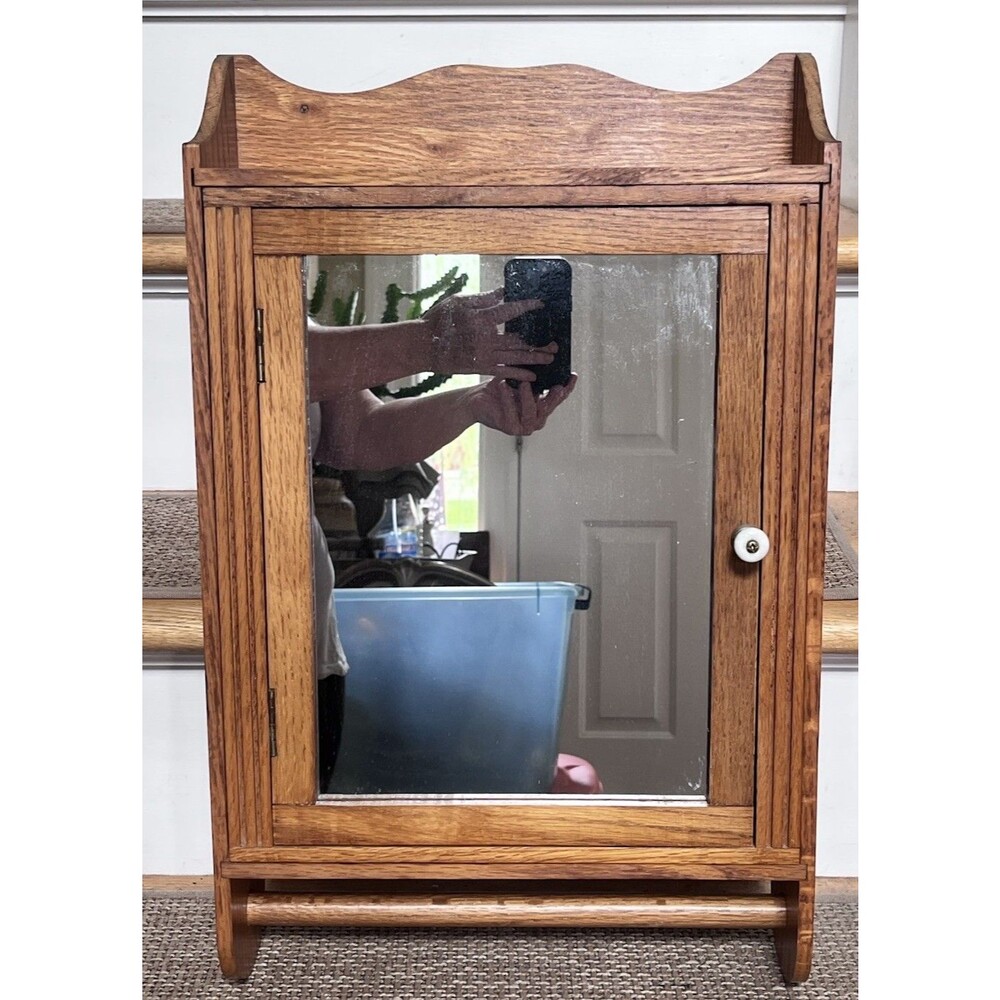 Antique Mirrored Oak Medicine Cabinet With Towel Bar Red Vintage Fabric Lined